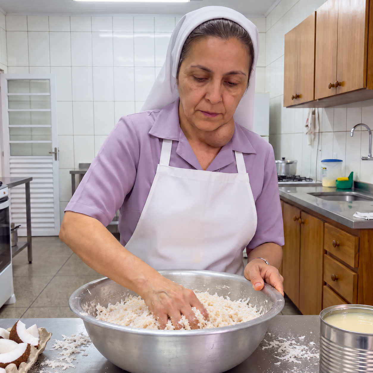 Imagen ilustrativa de María preparando cocadas, editada con IA